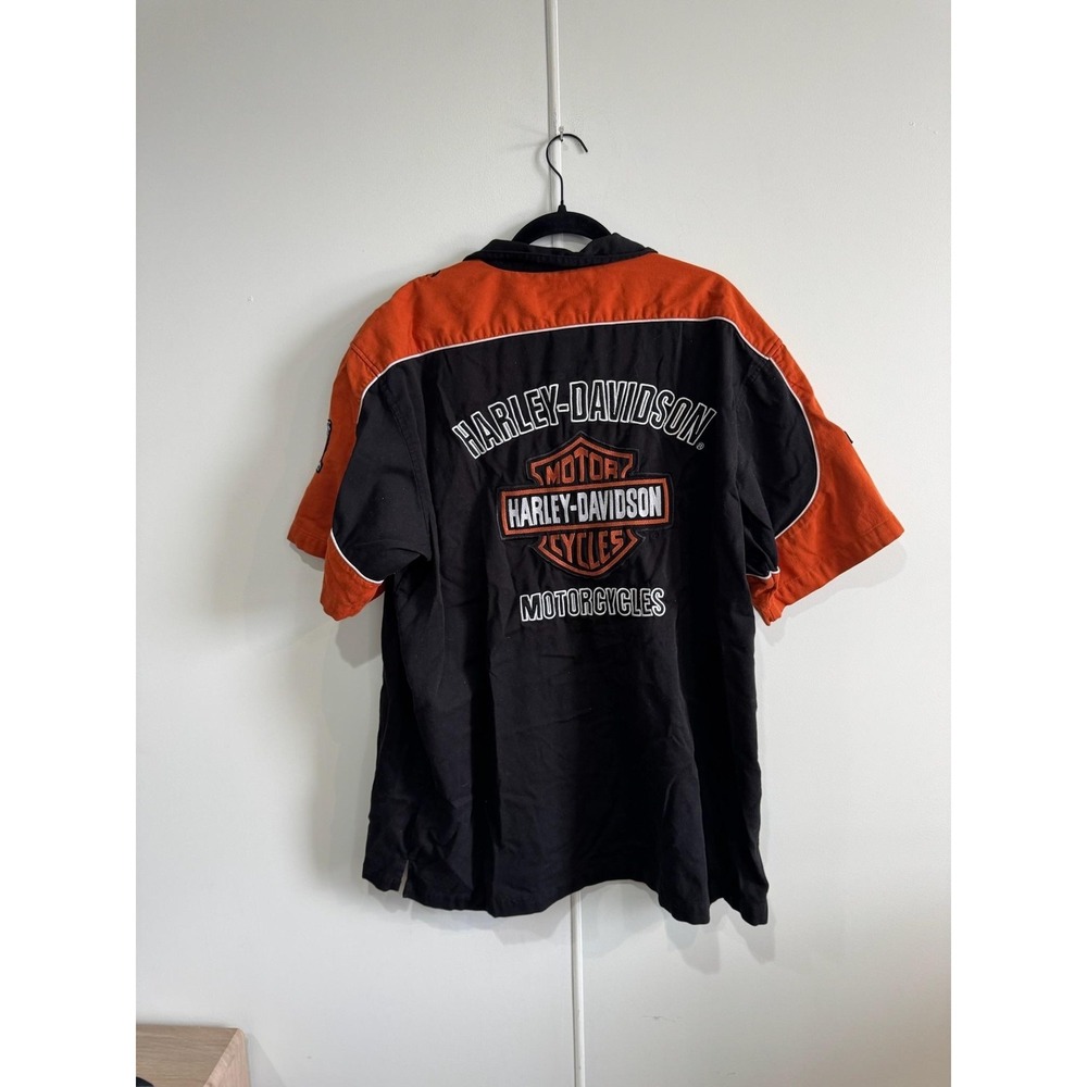 Harley-Davidson Shirt Mens 2XL Black Orange Colorblock Button Front Short Sleeve - Picture 2 of 5